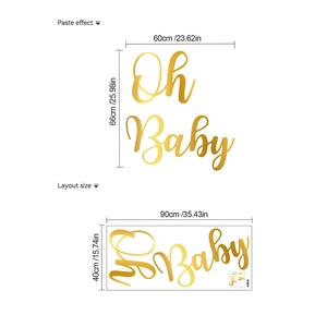 Detailed size chart for Oh Baby wall decal showing dimensions and paste effect layout