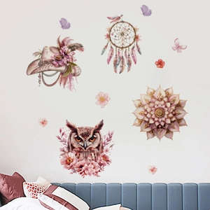Bohemian Pink Owl Dreamcatcher Wall Sticker PVC Flower Butterfly Hat Removable Art Decor For Kids Room Nursery Bedroom