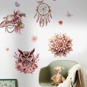 Pink owl and bohemian hat wall decals with floral patterns for living room decor
