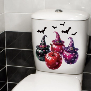 Halloween Toilet Seat Sticker Removable PVC Self-Adhesive Wall Decal For Bathroom Decor Witch Hat Pumpkin Bat Candy Cauldron Design