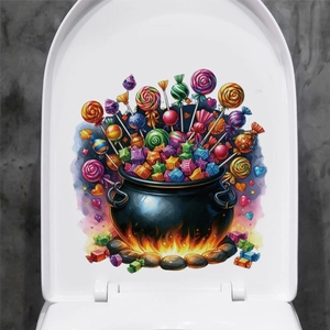 Halloween toilet sticker with watercolor cauldron and candy design on white lid