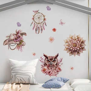 Pink bohemian owl and dreamcatcher wall stickers set for bedroom home decoration