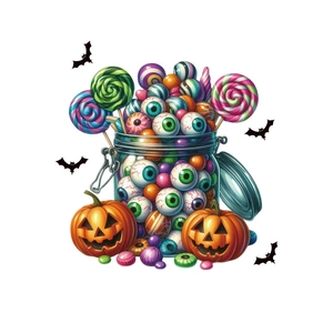 Halloween toilet sticker with pumpkin lanterns candy jar and bats on white background
