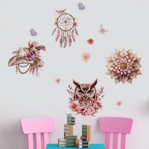 Dreamy pink owl and butterfly wall decals set for bohemian style home decoration