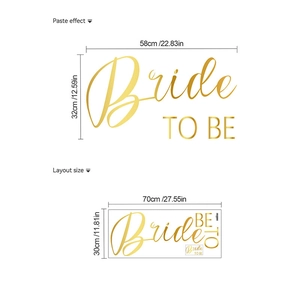 Gold Bride To Be wall sticker set showing paste effect and layout dimensions for parties