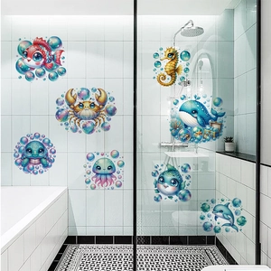 Cartoon Ocean Animal Wall Stickers For Kids Bathroom Nursery Waterproof PVC Sea Life Fish Turtle Whale Shark Bubbles Decals