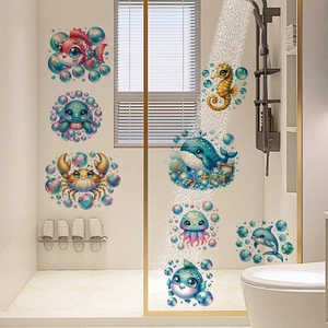 Cartoon ocean animal wall stickers with whale and turtle for kids bathroom decor