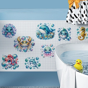 Vibrant ocean animal bubble wall stickers set for children's bathroom tile decoration