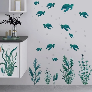 Nursery sea turtle wall stickers set with green seaweeds for bathroom tile decoration