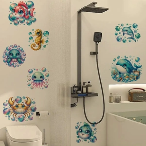 Cartoon ocean animal wall stickers with whale and dolphin for kids bathroom tile decoration