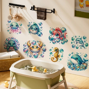 Cartoon ocean animal wall stickers for kids bathroom featuring whales, turtles and fish