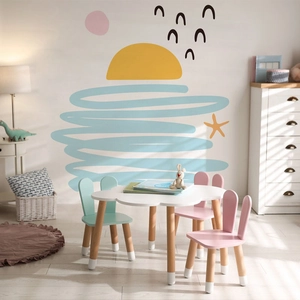 Pastel wooden children table and rabbit ear chairs set with sun and wave wall decals