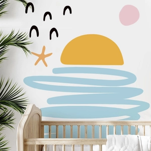 Cartoon sun and sea waves wall decals for nursery wall decor with birds and stars