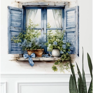 Sticker mural 3D fenêtre bleue vintage avec plantes en pot pour décor d'intérieur