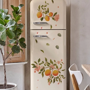 Macro detail of floral fruit stickers on a retro cream fridge with lemons and oranges