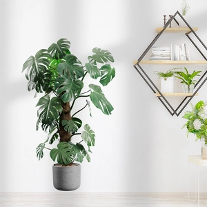 Realistic monstera plant wall sticker in a gray pot for living room home wall decor