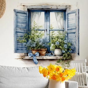 Sticker mural 3D fenêtre bleue vintage avec fleurs pour déco de salon chic