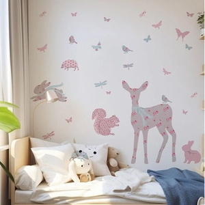 Pink forest animal wall decals with floral deer, rabbit and butterfly for kids room decor