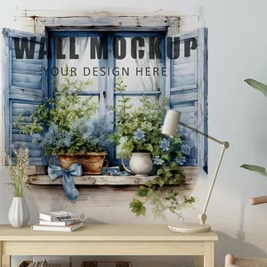Détail d'un sticker mural fenêtre bleue vintage avec plantes et noeud ruban bleu