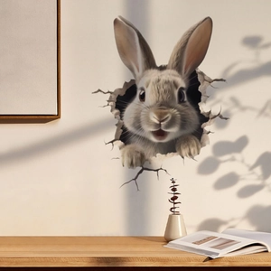 3D realistic gray bunny wall decal with broken wall effect for living room decoration