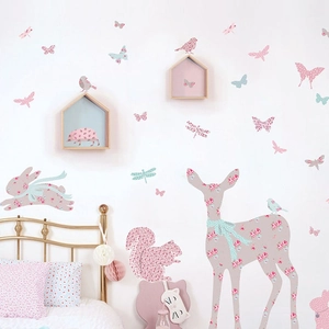 Cartoon forest animal wall stickers with deer and rabbit in pink floral nursery style