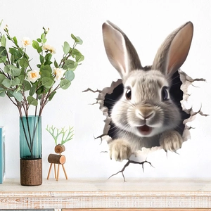 3D realistic rabbit wall sticker with broken wall effect for cute home decor