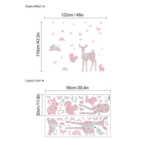 Pink cartoon animal wall stickers featuring deer, rabbits and butterflies for kids room decor