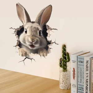 Macro shot of 3D rabbit wall sticker showing realistic fur and wall crack details
