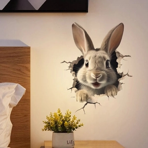 3D cute rabbit wall sticker showing a grey bunny peeking through a cracked wall effect