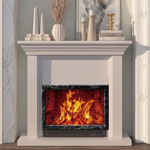 Modern electric fireplace with realistic wood flame effect and black marble frame design