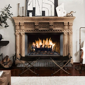 Detail of vintage carved wooden fireplace frame with realistic burning flame effect