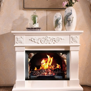 Detail of white European fireplace sticker with realistic 3D wood flame effects