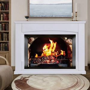 Detail view of modern white electric fireplace with realistic flame effect in cozy living room