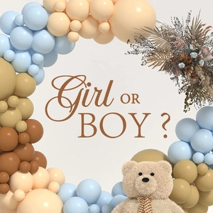 Boho gender reveal balloon arch with girl or boy sign and teddy bear party decor