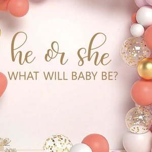 Gender Reveal Party Wall Sticker He Or She What Will Baby Be Gold Artistic Lettering PVC Self Adhesive Backdrop Decor