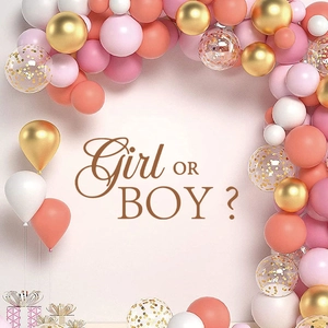Gender Reveal balloon arch kit with pink, white and gold balloons for party background