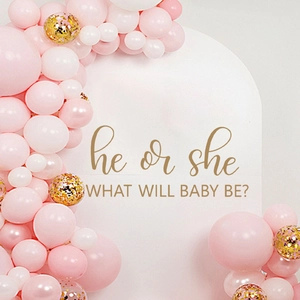 Pink and white gender reveal party balloon arch kit with gold sequins for wall decor
