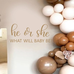 Detail of 'He or She' wall sticker for gender reveal party in warm earth tones