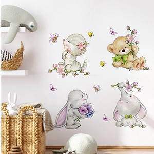 Stickers muraux pour enfants avec lapin ours chat et éléphant et motifs floraux colorés