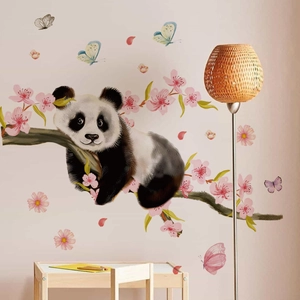 Panda wall sticker with pink cherry blossoms and butterflies for home living room decor