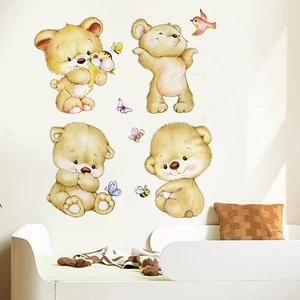 Stickers muraux ours mignons avec papillons et abeilles pour décoration de chambre