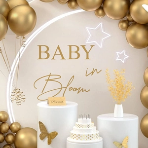 Golden Baby in Bloom balloon arch and round backdrop for baby shower party decoration