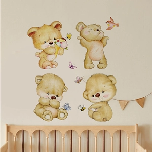 Stickers muraux ours mignons pour chambre d'enfant avec papillons colorés et oiseaux