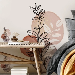 Detail view of leaf wall stickers with abstract Morandi color blocks for bedroom decoration