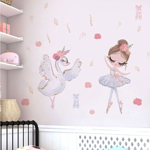 Stickers Muraux Ballerine Fille Cygne Dessin Animé Pour Décoration Chambre D'enfant Fleur Rose PVC Amovible DIY Art Mural Décoration Chambre Bébé