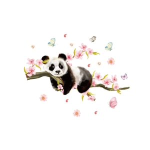 Cartoon panda on cherry blossom tree branch wall sticker for living room decoration