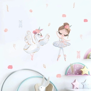 Stickers muraux cygne rose et ballerine avec fleurs pour décoration de chambre d'enfant