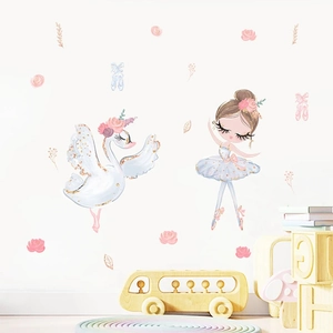Stickers muraux chambre enfant avec danseuse, cygne rose et fleurs pour décoration mignonne