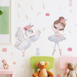 Stickers muraux cygne rose et ballerine avec fleurs pour déco de chambre d'enfant