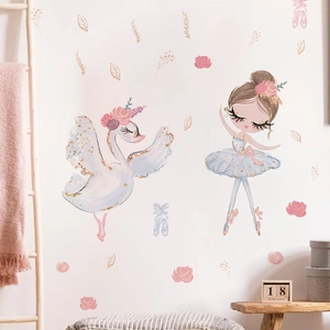 Détails de stickers muraux cygne et ballerine aquarelle pour déco chambre de fille rose